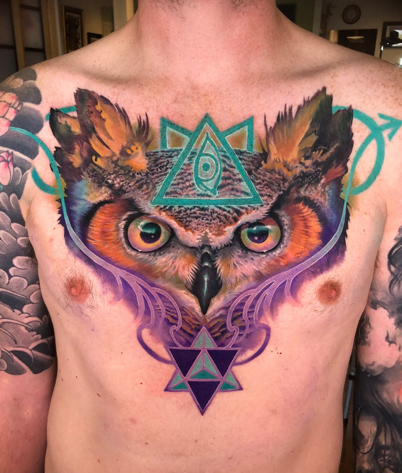 Colour owl chest piece by Frederick Bain
