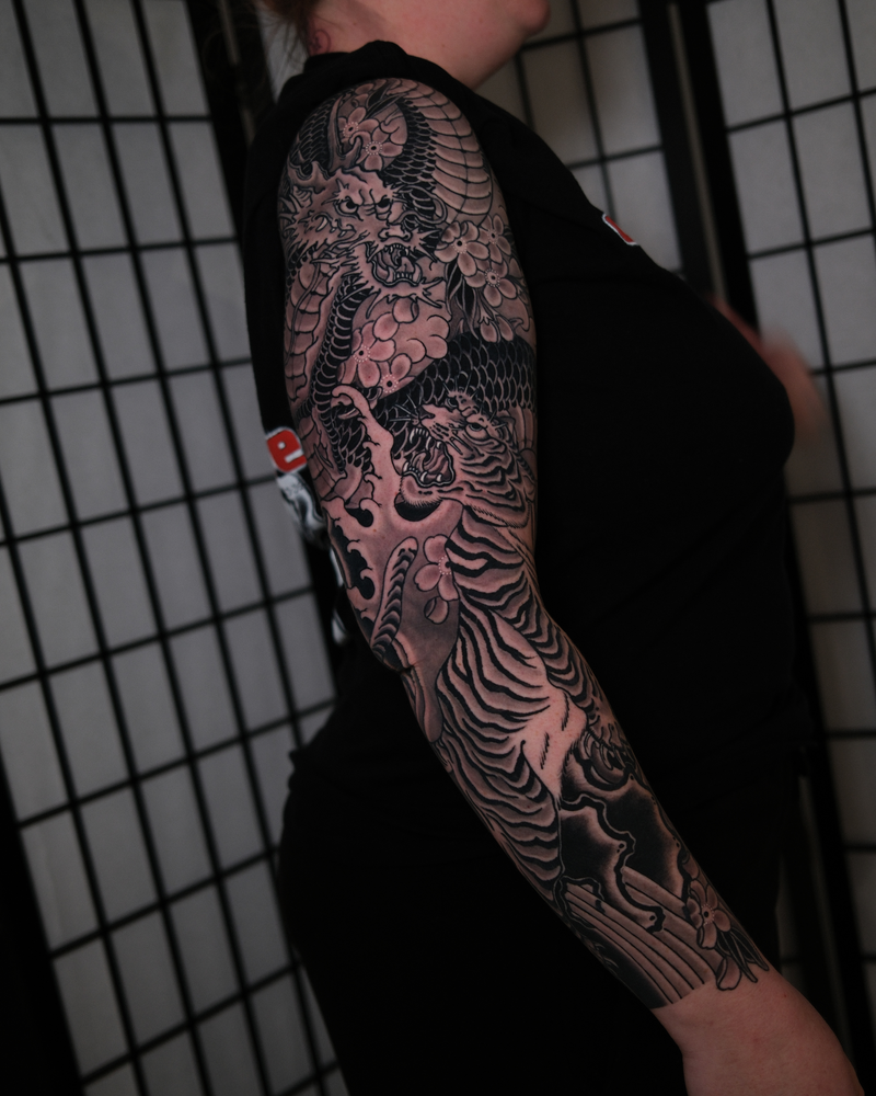 Black and grey Japanese sleeve by Hayden Thompson
