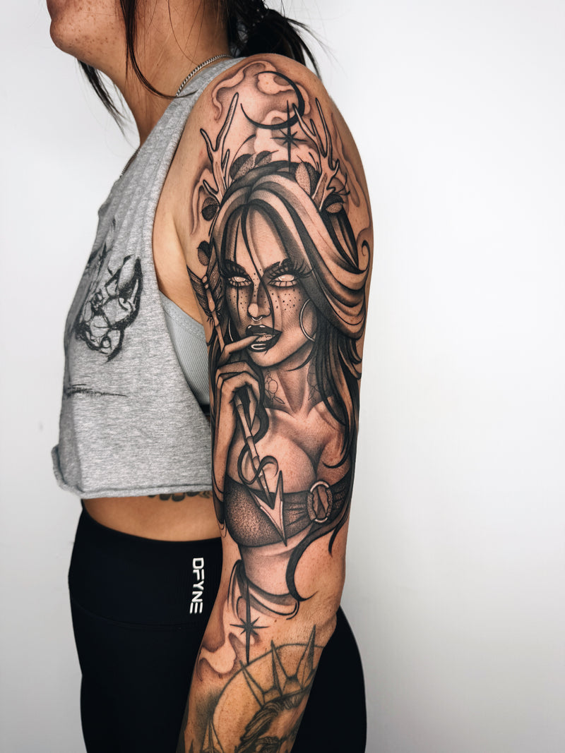 Gothic girl blackwork sleeve by Melissa Romero Baquero