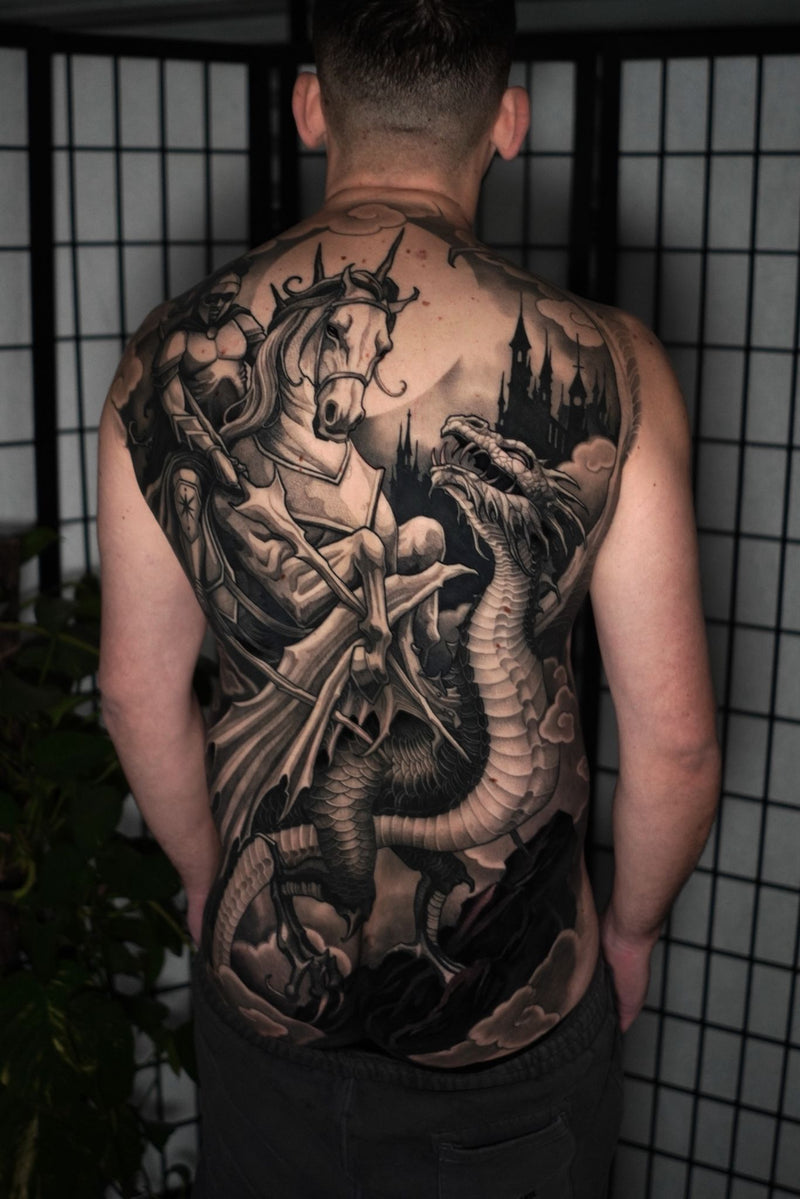 Black and grey illustrative backpiece by Ben Smith