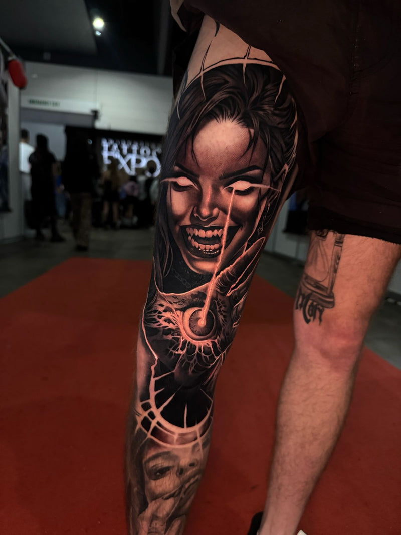 Horror black and grey realism leg sleeve by Zoe Stephens