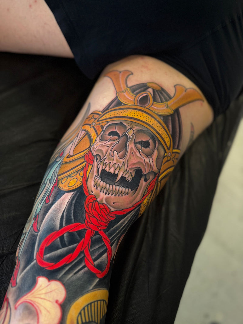 Neo-traditional samurai skull tattoo by Bobby Dunbar