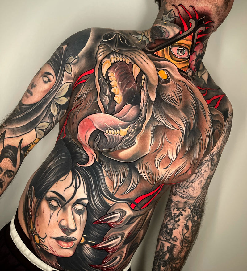 Neo-traditional colour backpiece by Bobby Dunbar