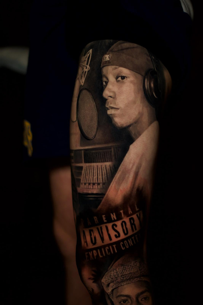 Black and grey portrait sleeve by Ben Thomas
