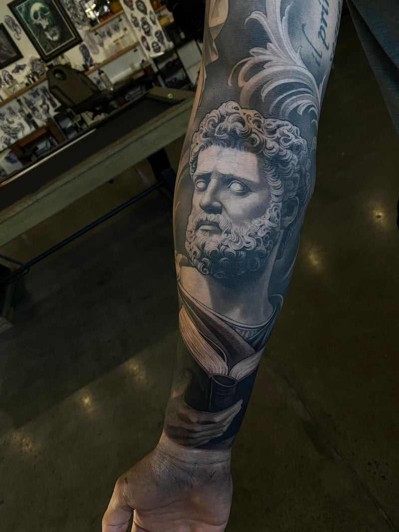 Black and grey statue sleeve by Ben Thomas