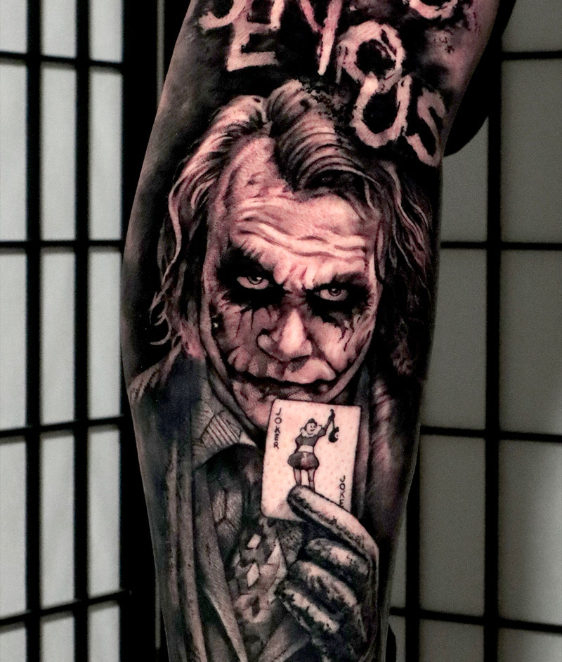 Black and grey Joker portrait sleeve by Cody Wilson